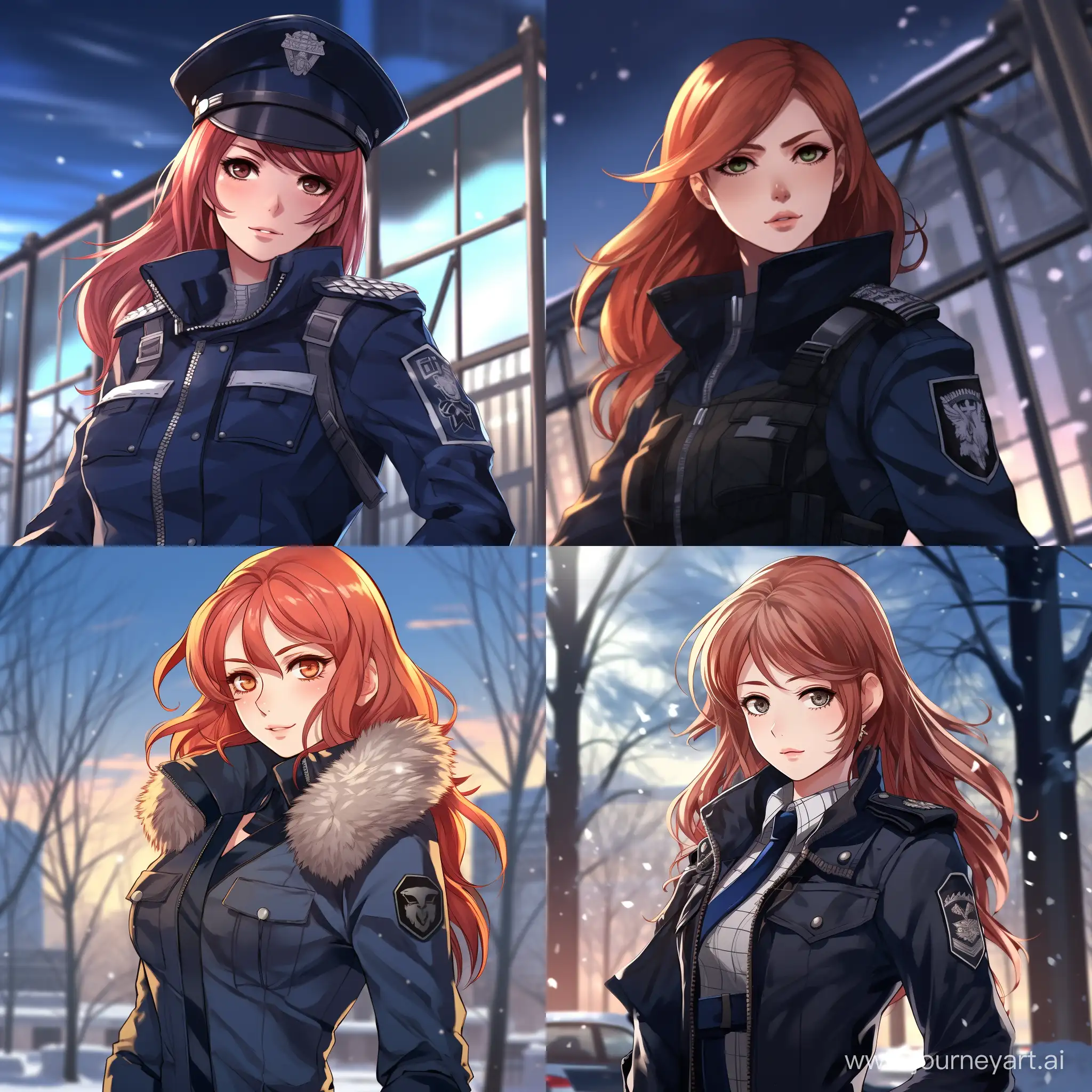 аниме девушка с красными волосами в полицейской форме зимой