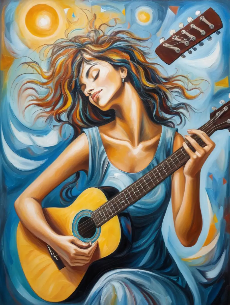 a woman with a guitar dreams of happiness. expressionism