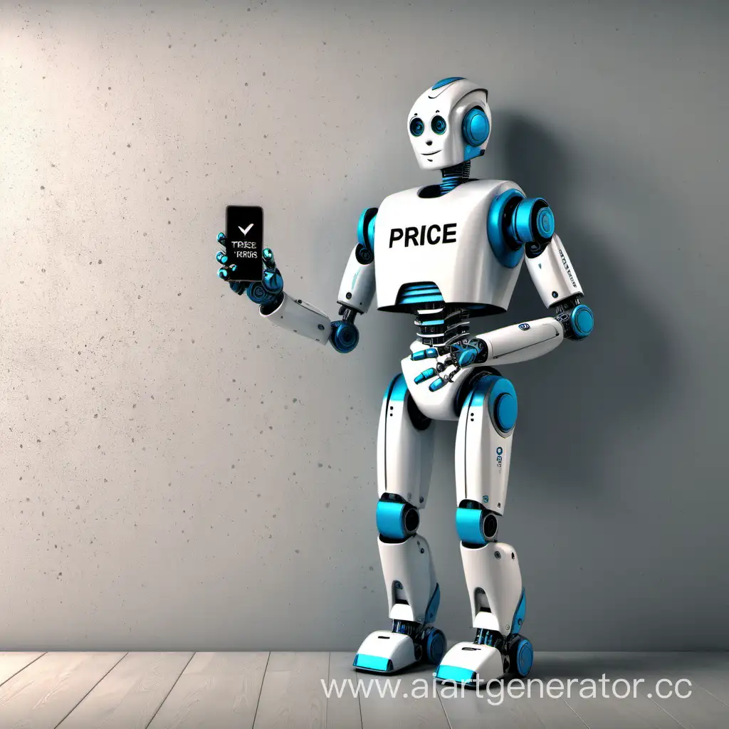 Робот стоит на фоне стены с надписью 'Price Tracker', в одной руке держит смартфон, другая рука вытянута вперед ладонью вверх, на ладони цена товара, под ногами валяются ценники на товары, фотореалистично, 2k