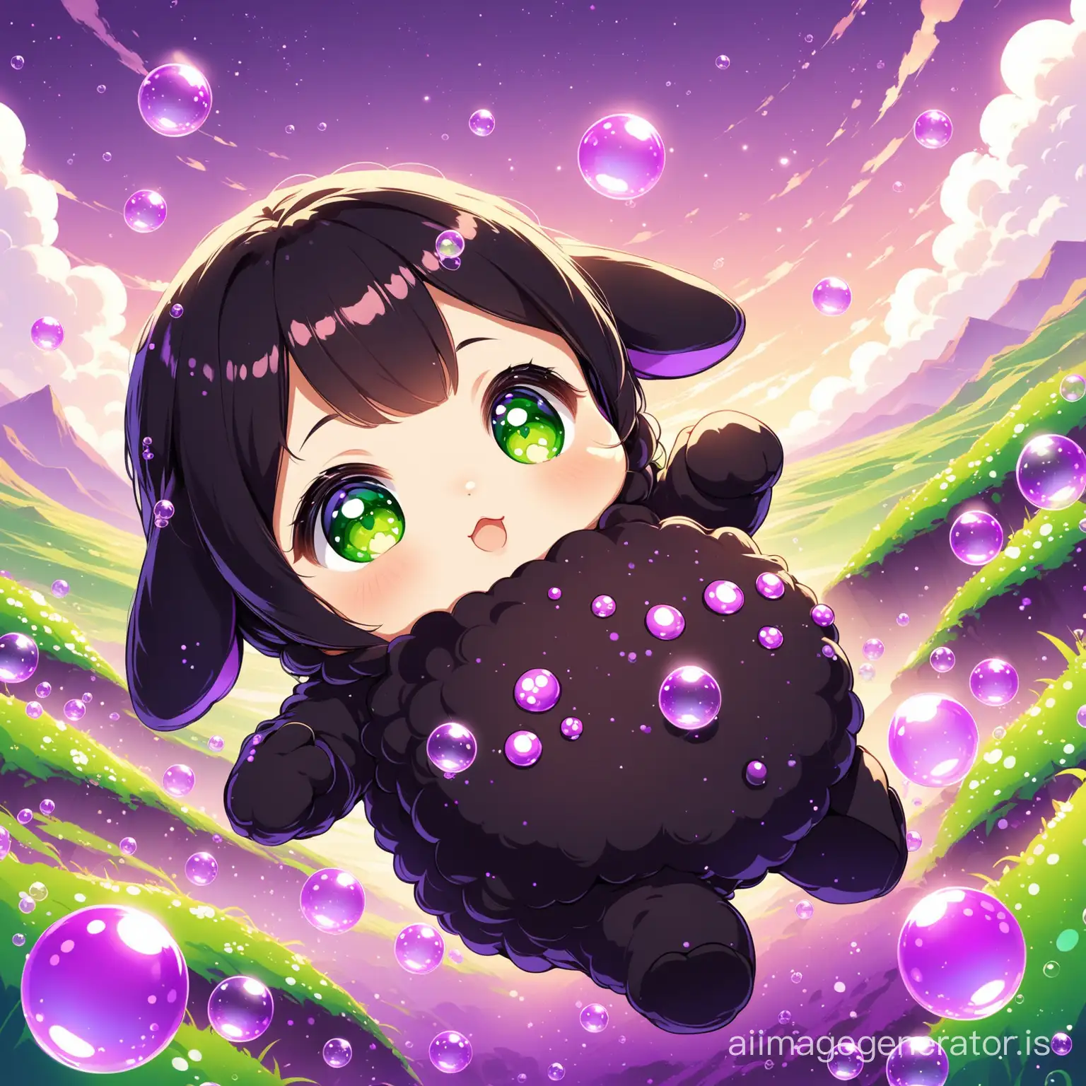 The baby is a small black cute cookie with green eyes walking in the land of purple Bubbles are scattered in the environment
Details are evident beautifully and with great precision