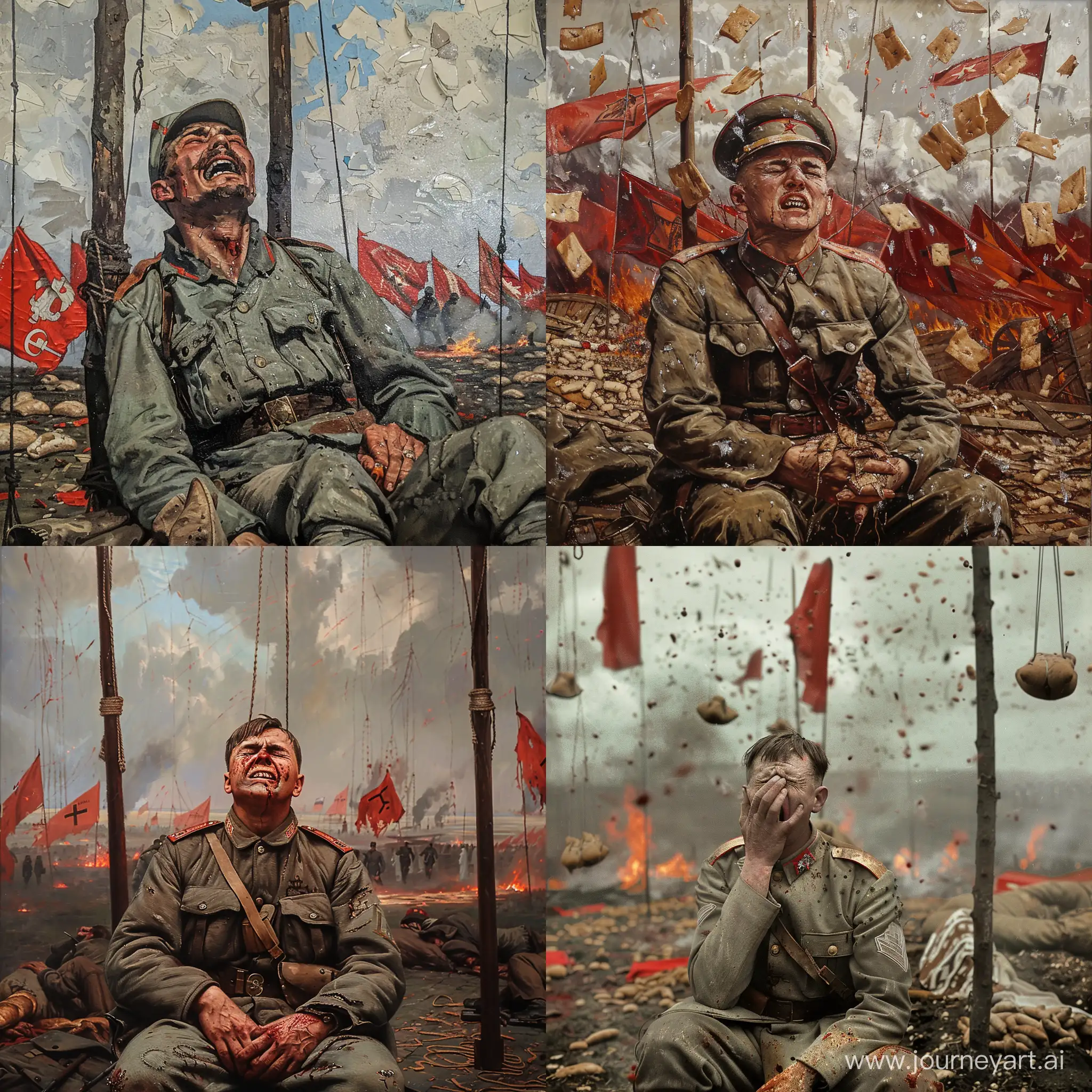 Russian Russian Empire soldier from the period of the First World War is sitting crying, with landscapes of the Russian Civil War behind him. The 1917 Revolution in Russia. Cholera, plague, typhus. Hung on poles. The fire of villages. Red banners and protests, scattered bread