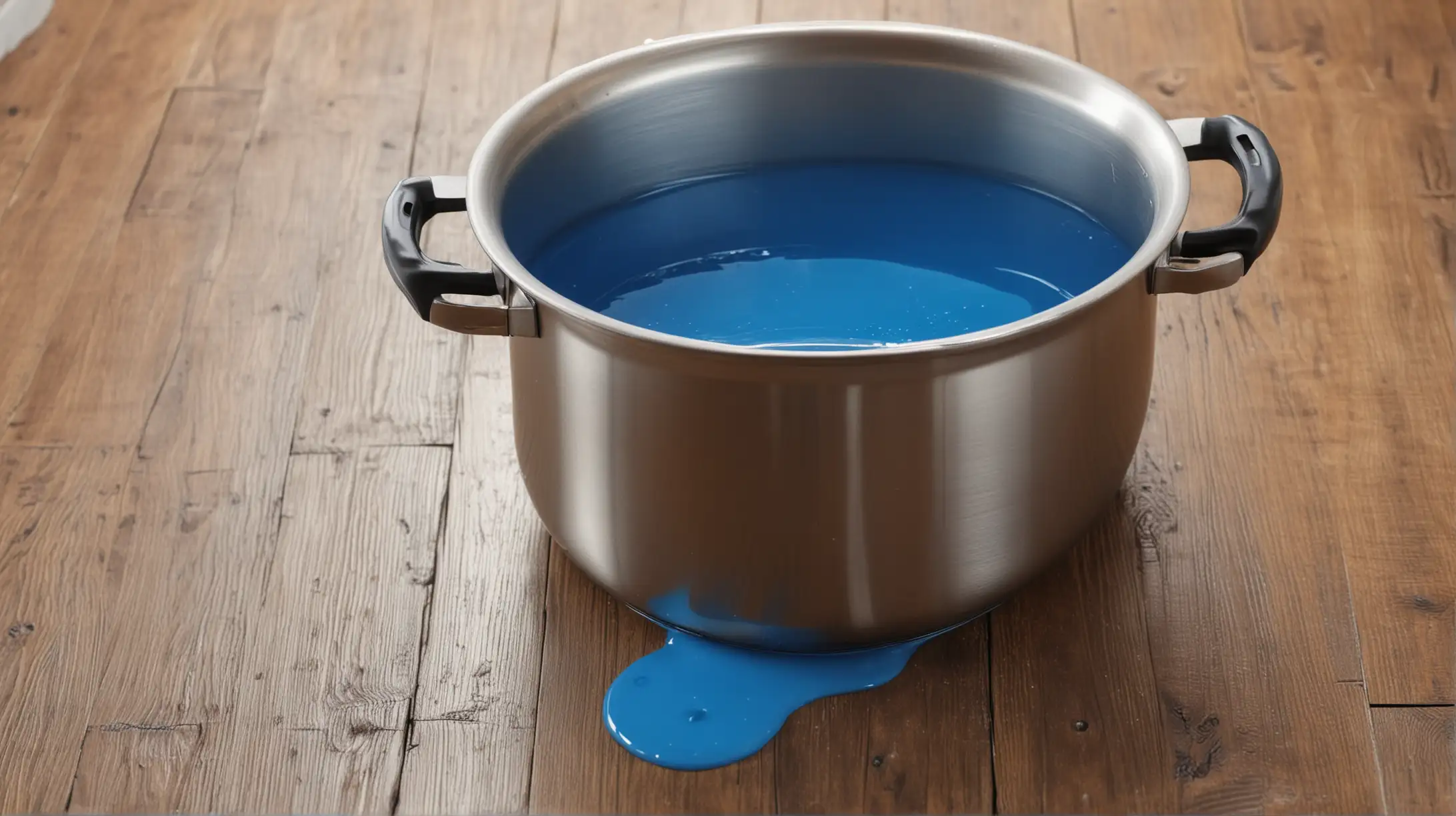 boiling pot with shiny blue liquid on wood floor. close up