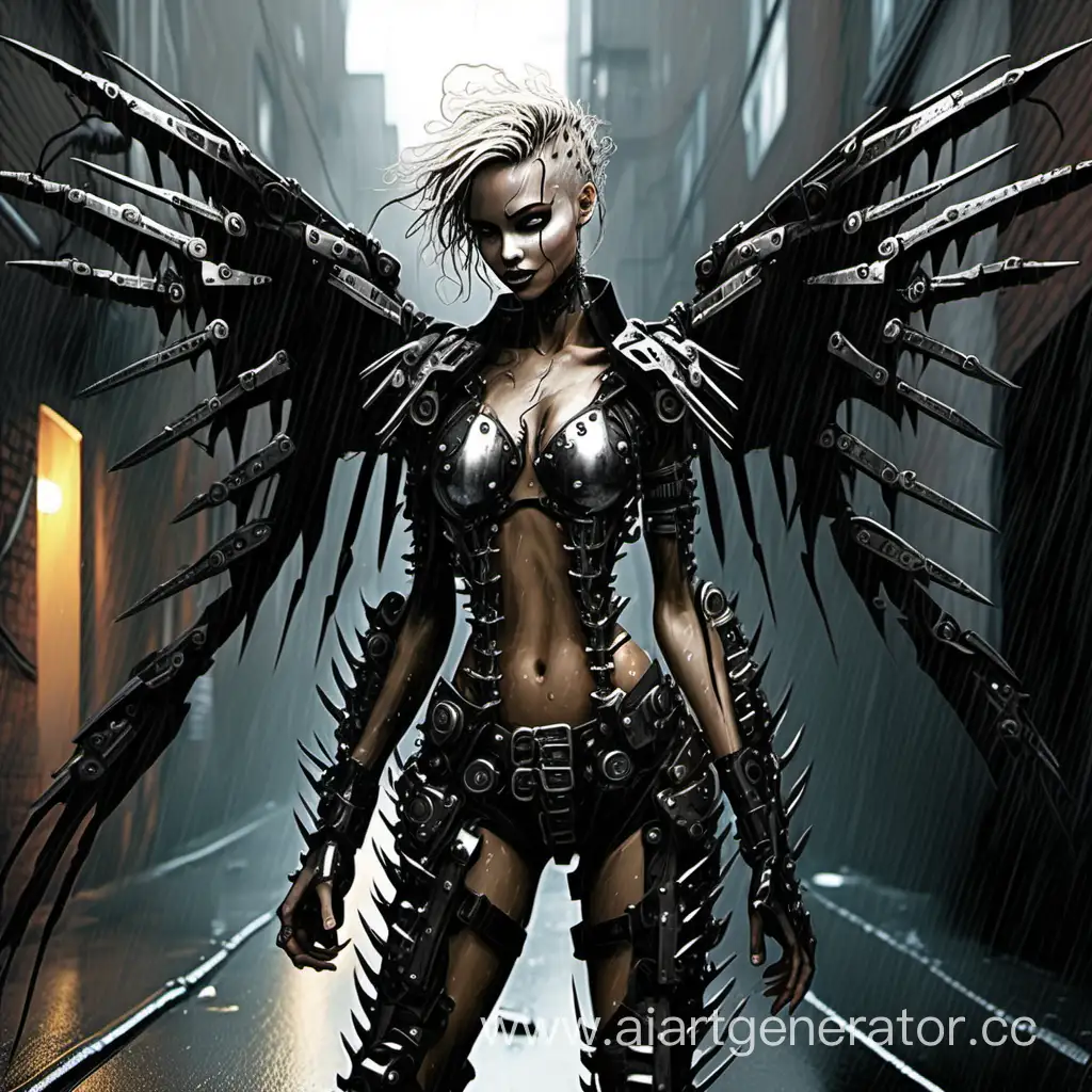 menacing young cybernetic angel, clad with black iron, with the blades attached to her arm  and spikes protruding from her head, in the middle or a rainy backalley, with a gleeful smile on her face