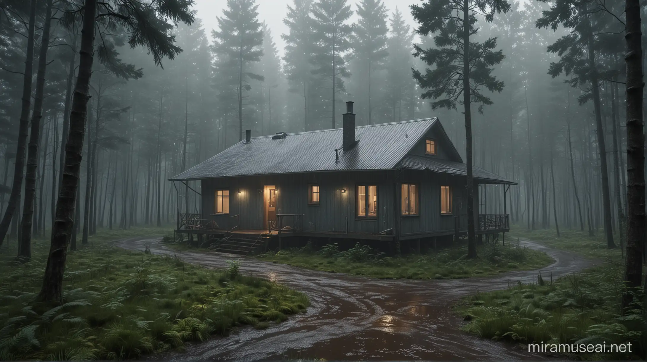 House in the middle of the forest, realistic rainy atmosphere