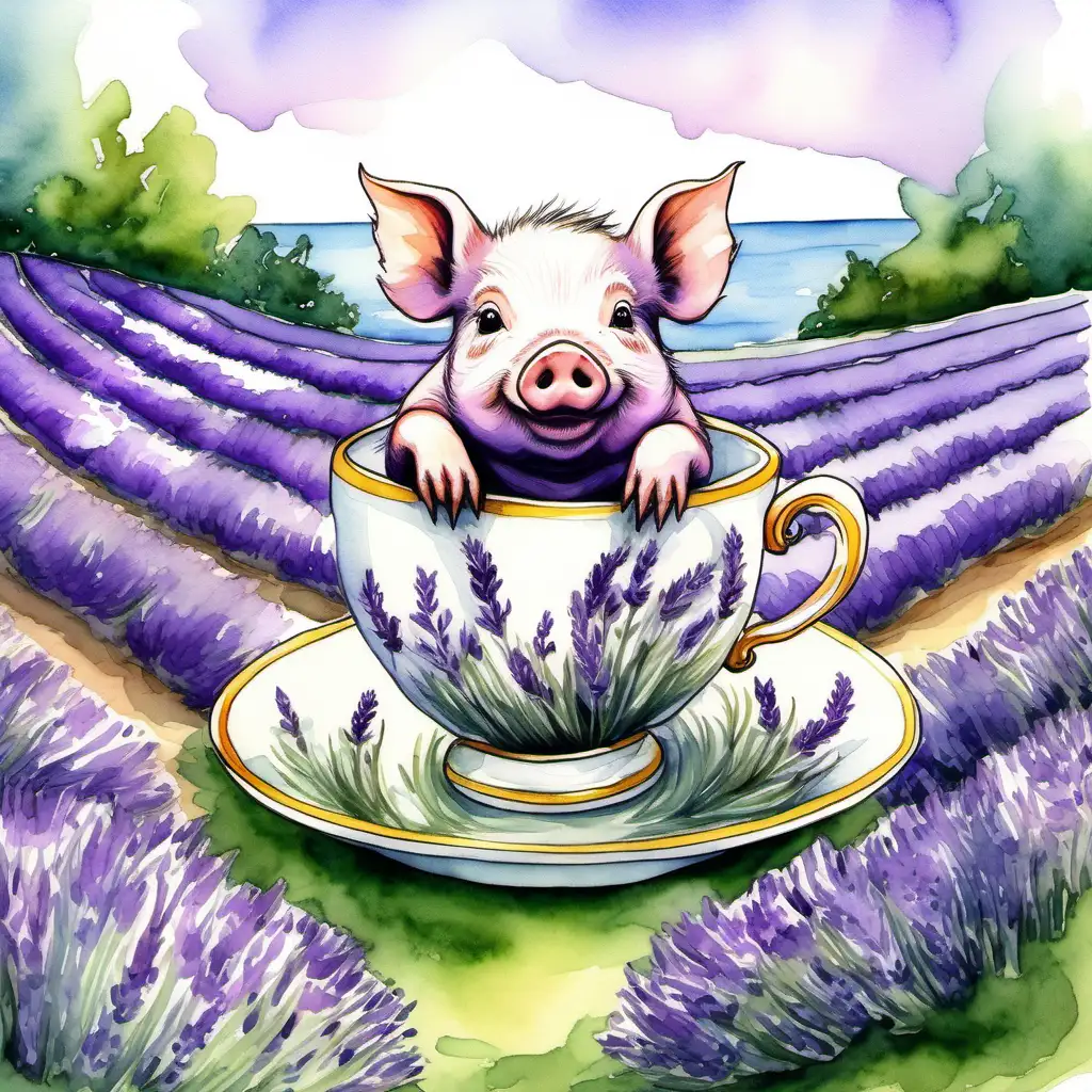Create a picturesque landscape where a miniature pig enjoys a teacup adventure amidst a sea of lavender. The watercolors should capture the soothing hues of purple and green, evoking a sense of calm and tranquility.