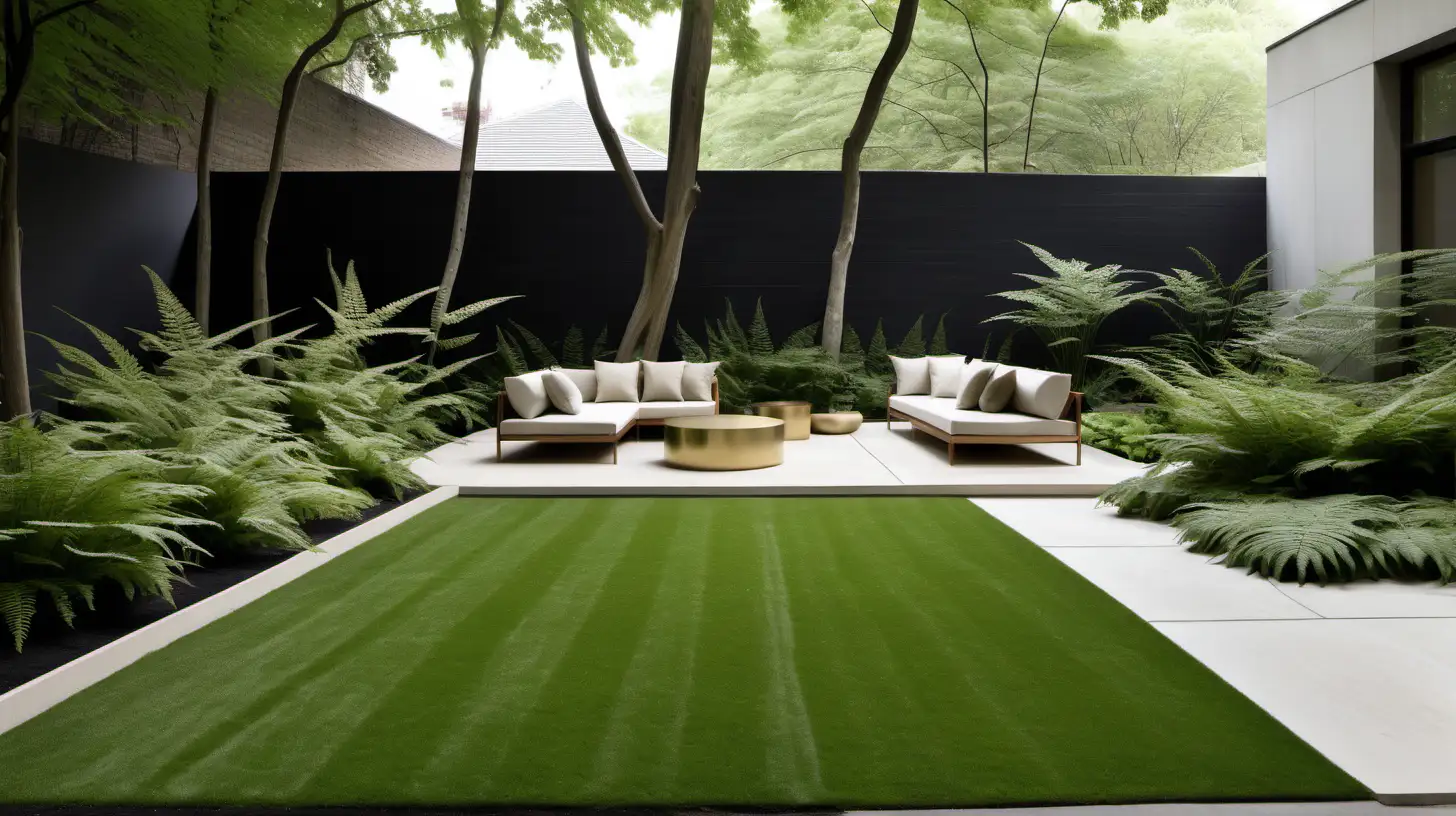 Grand Minimalist backyard lawn; beige, oak, brass colour palette; limestone; ferns

