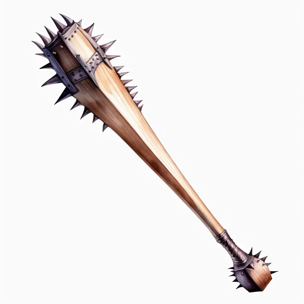 wide wooden medieval sport bat with spikes on one end, dark watercolor drawing, no background