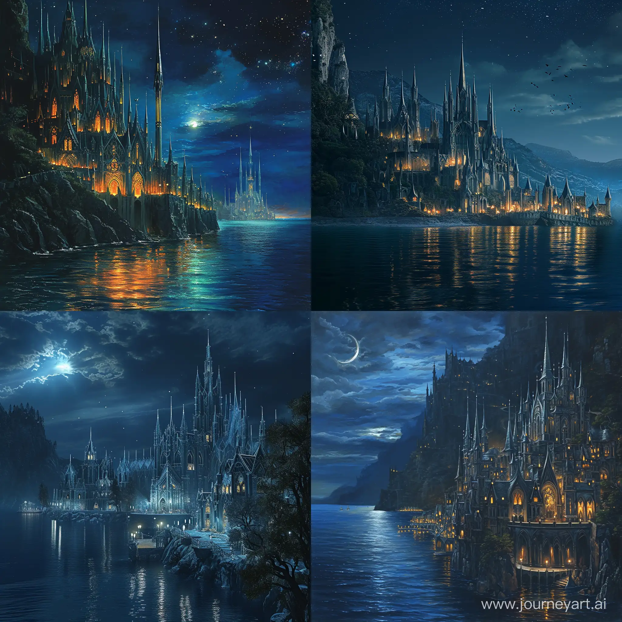 Город эльфов в готическом стиле на берегу залива ночью