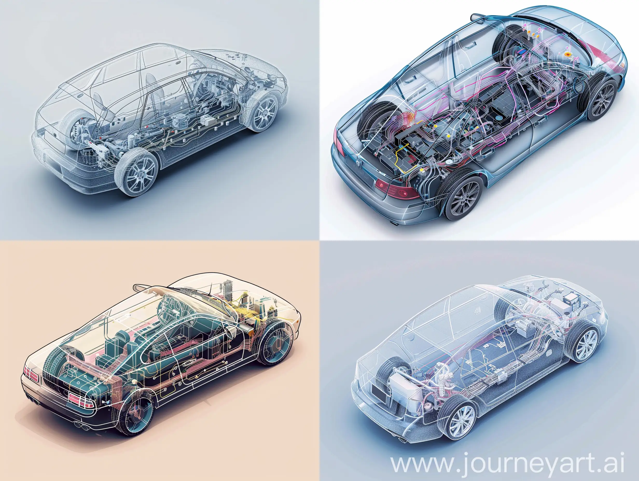 isometric car with transparent exterior panel showing intricate cabling that follows car contours