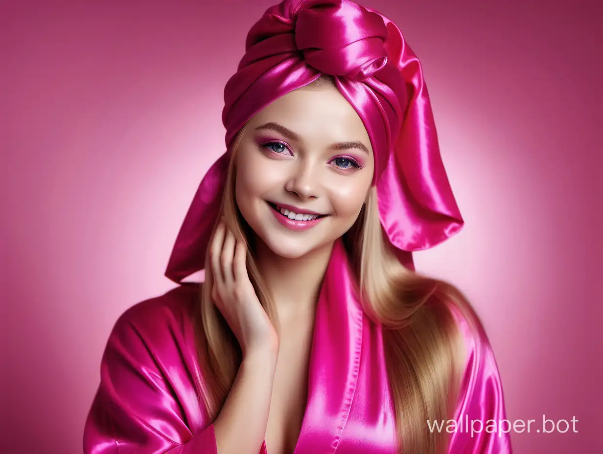 Glamorous portrait of sweet, young, sunny queen Yulia Lipnitskaya with long straight silky hair Smiling in Luxurious Pink fuchsia Silk robe with pink fuchsia silk towel turban on the head