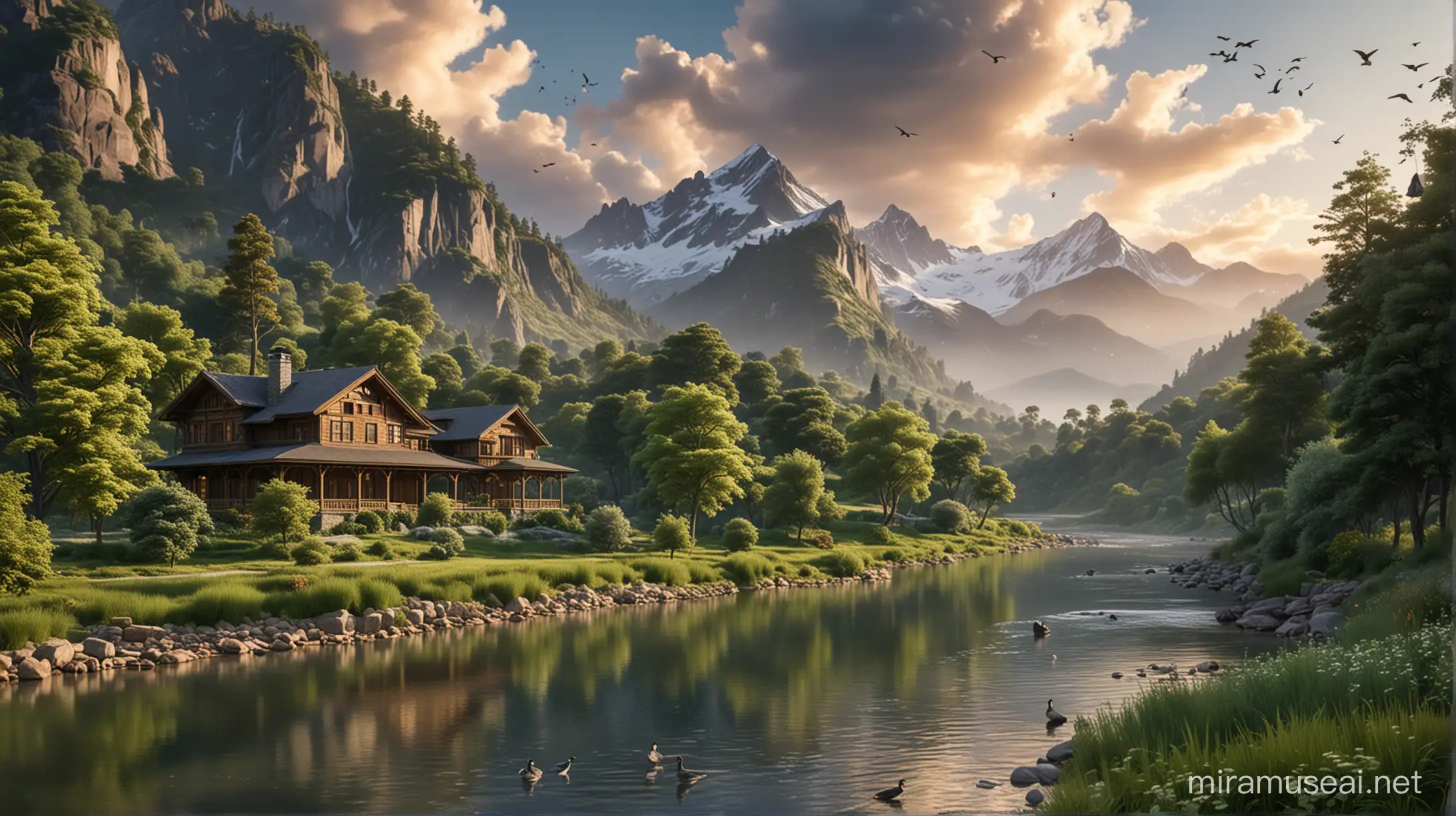 Tranquil Mountain Landscape with River House and Birds Canon Camera AI Art