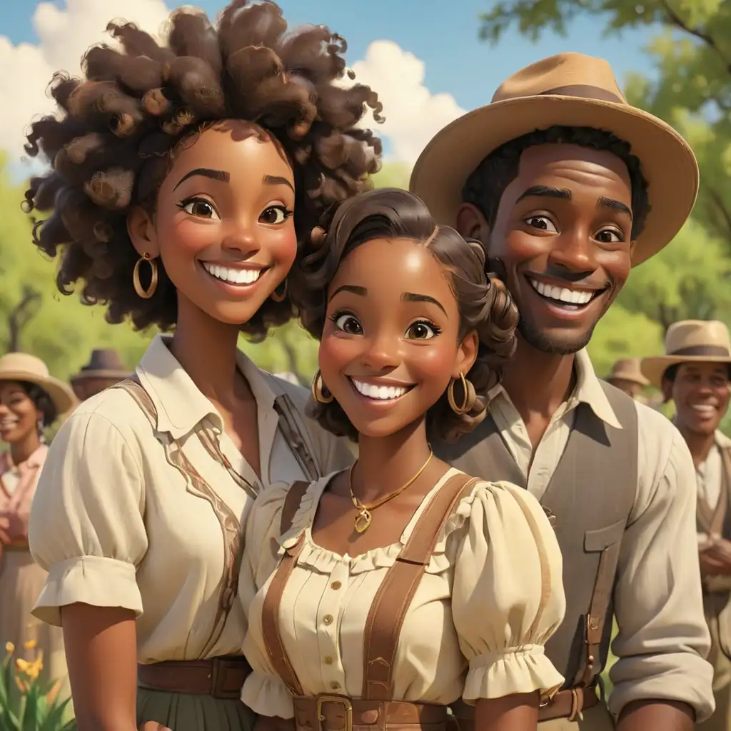 Happy African American Adults Enjoying a Day Out in Vintage Cartoon Style at the Park in New Mexico