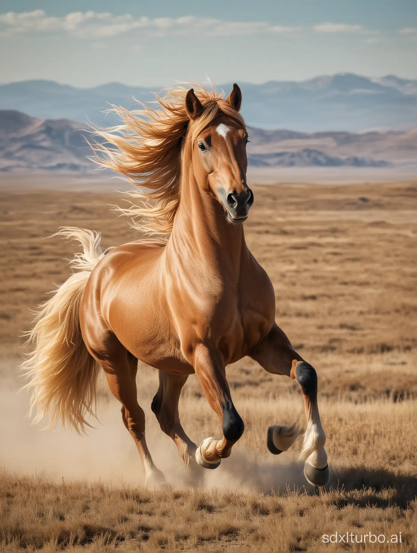 Himorii, the Mongolian wind horse, runs and traverses the vast Mongolian steppe