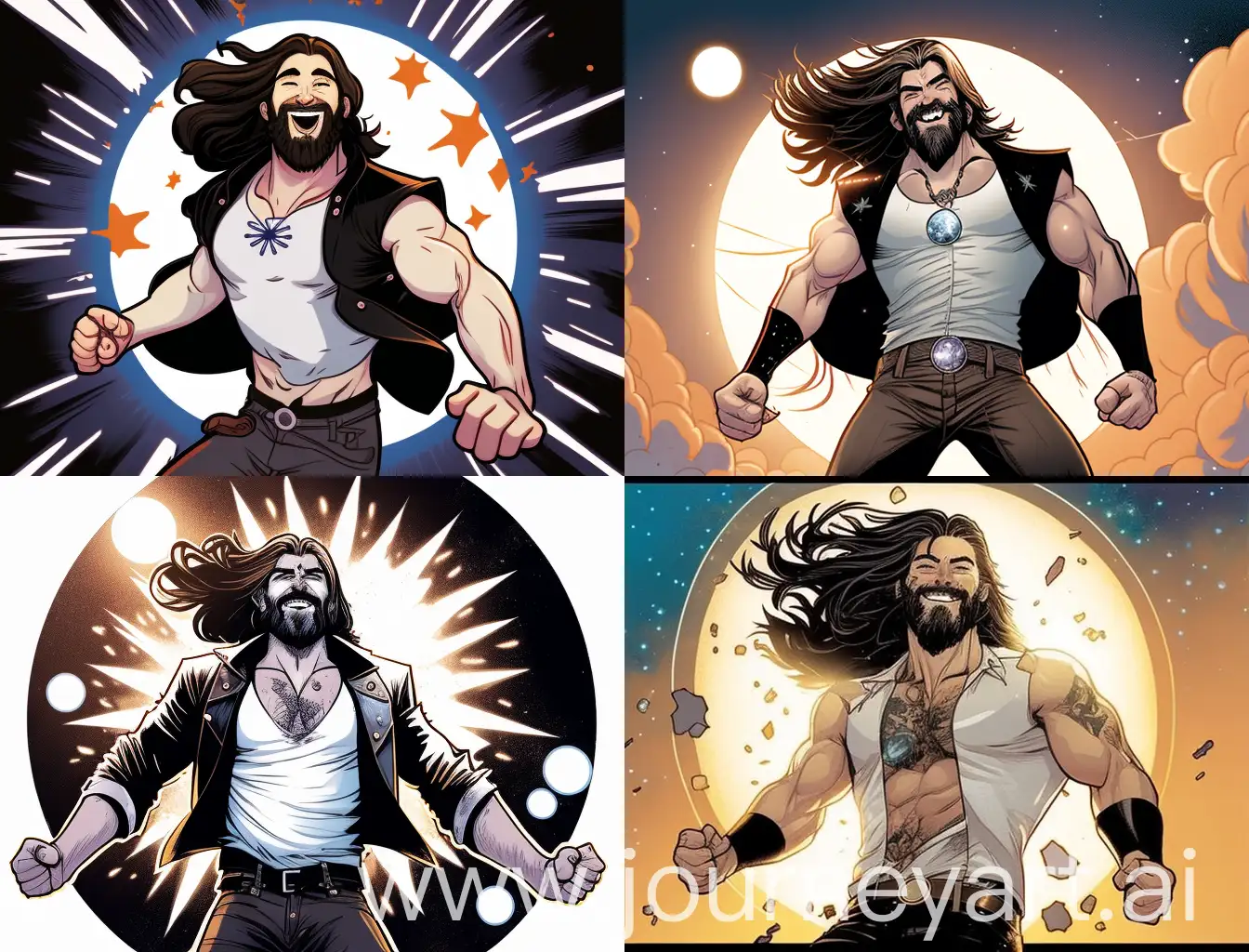 marvel comics style muscular man with a beard and long hair that reaches his back he is smiling peacefully in a leather jacket white tank top black pants and black boots he has a medallion on his waist and is flying over a comet shower in outer space