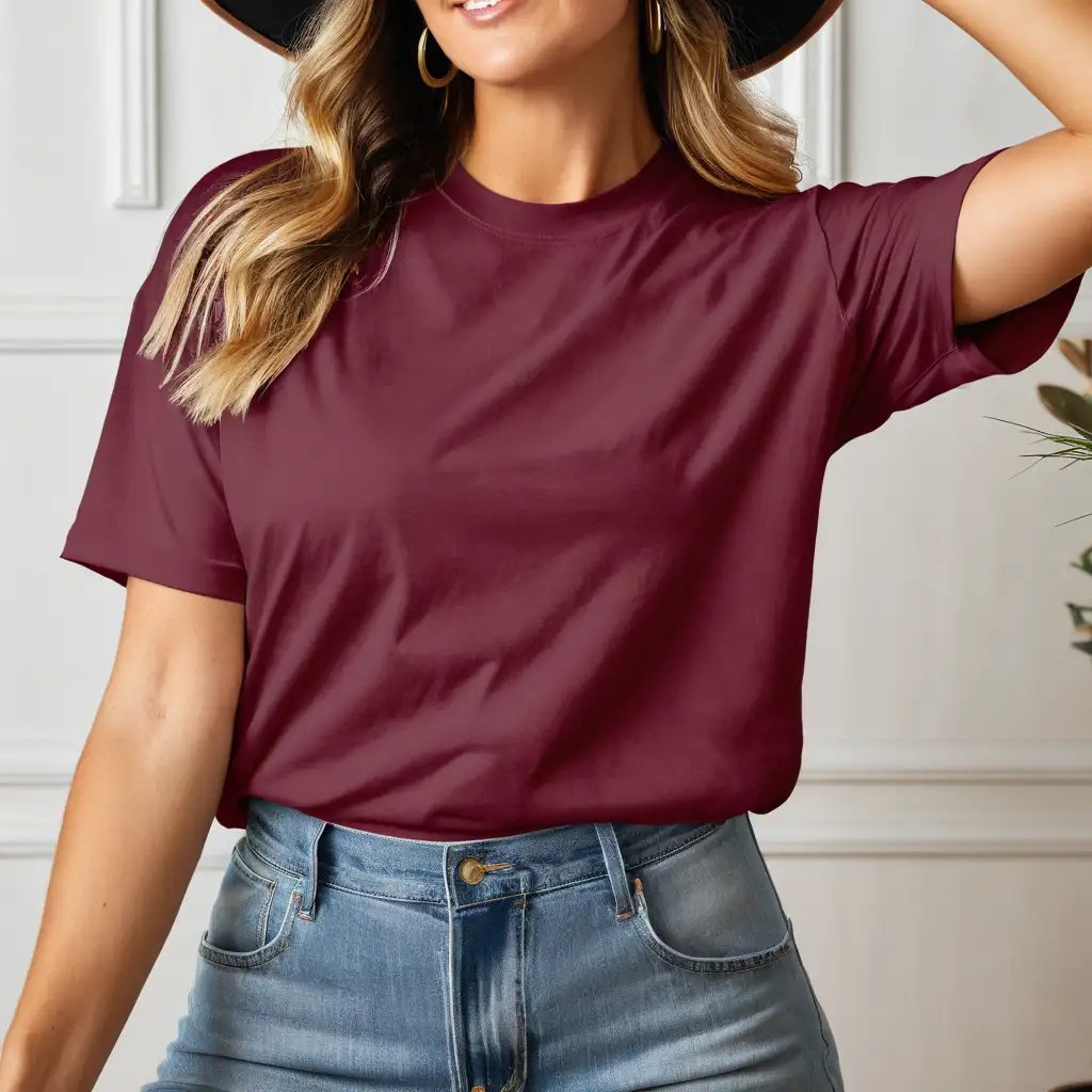 blonde woman wearing gildan 5000 oversized maroon t-shirt mockup, boho home background, with cowgirl hat