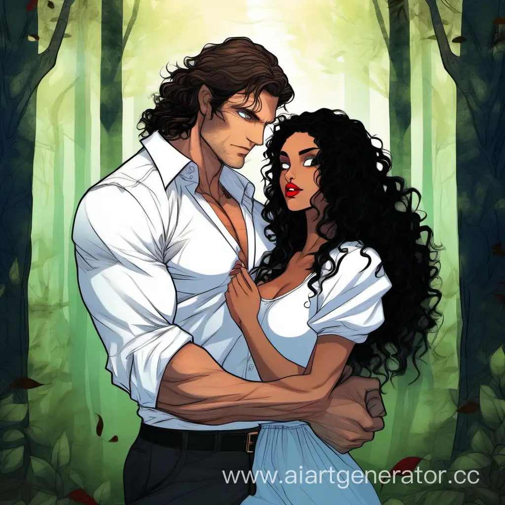 Мускулистый голубоглазый мужчина в белой рубашке с длинными тëмными волосами держит на руках  девушку с чëрными кучерявыми волосами, карими глазами, красными губами, вокруг них лес