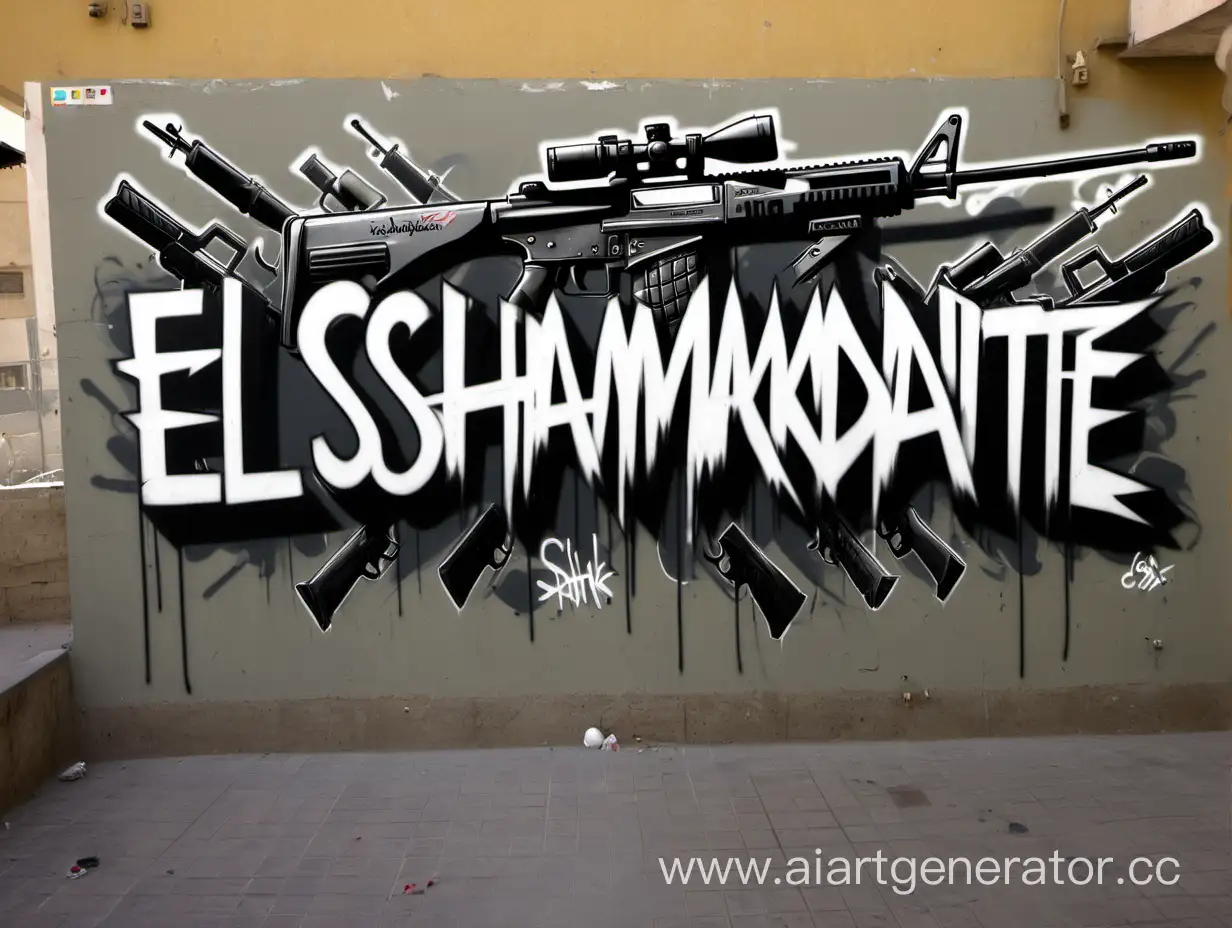 Граффити с надписью "el_shmakodante" в стиле Counter Strike. С разнообразным оружием на фоне