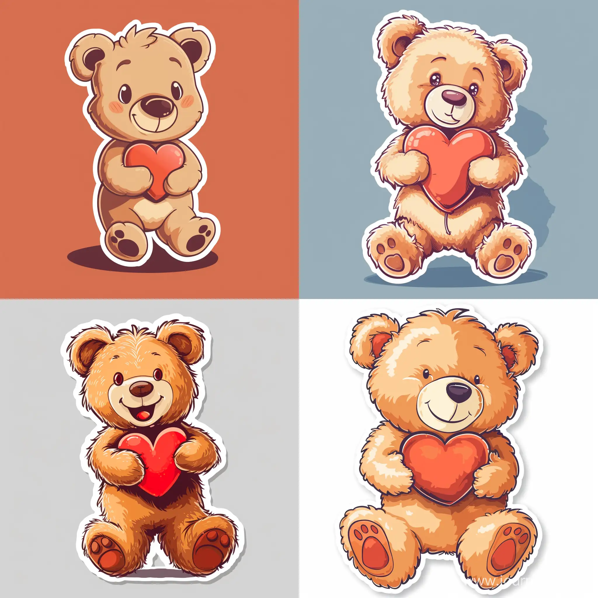 Teddy Bear holds a plush heart, cartoon sticker, in vector style