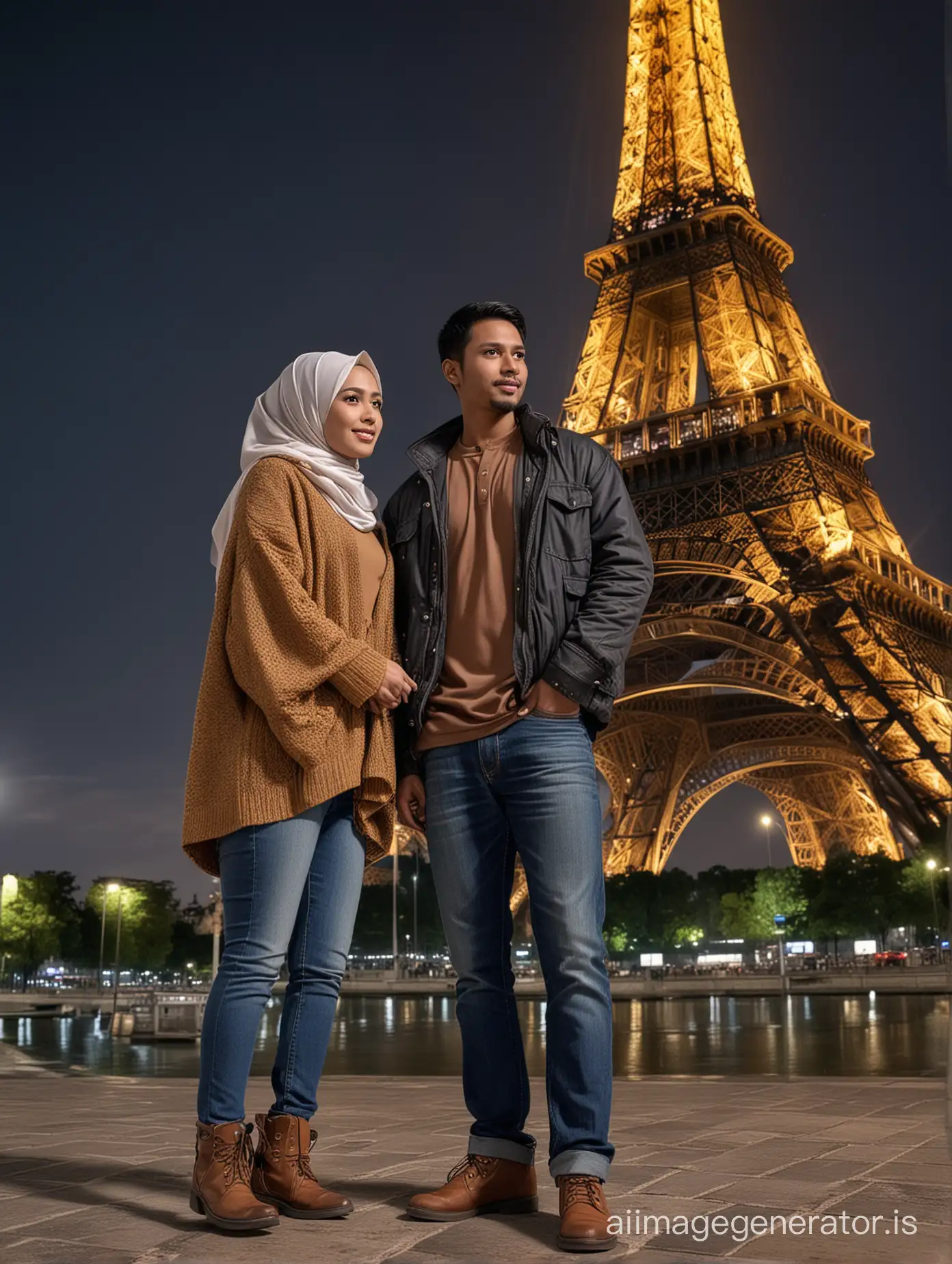 Masterpiece, upper, very detailed, real photos, couple Indonesian woman wearing hijab and Indonesian man wearing sweater and jeans, standing facing the camera under the Eiffel Tower at night, 32K ultraHD resolution, HDR, 800mm lens, realistic, hyperrealistic, photography, professional photography, deep photography, ultra HD, very high quality, best quality, mid quality, HDR photo, focus photo, deep focus, very detailed, original photo, original photo, ultra sharp, nature photo, masterpiece, award winning, shot with Hasselblad x2d