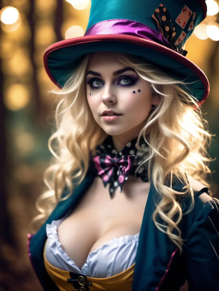 Beautiful Nordic woman, very attractive face, detailed eyes, big breasts, slim body, dark eye shadow, messy blonde hair, wearing a mad hatter cosplay outfit, bust shot, bokeh background, soft light on face, rim lighting, facing away from camera, looking back over her shoulder, standing in the Wonderland, Illustration, very high detail, extra wide photo, full body photo, aerial photo