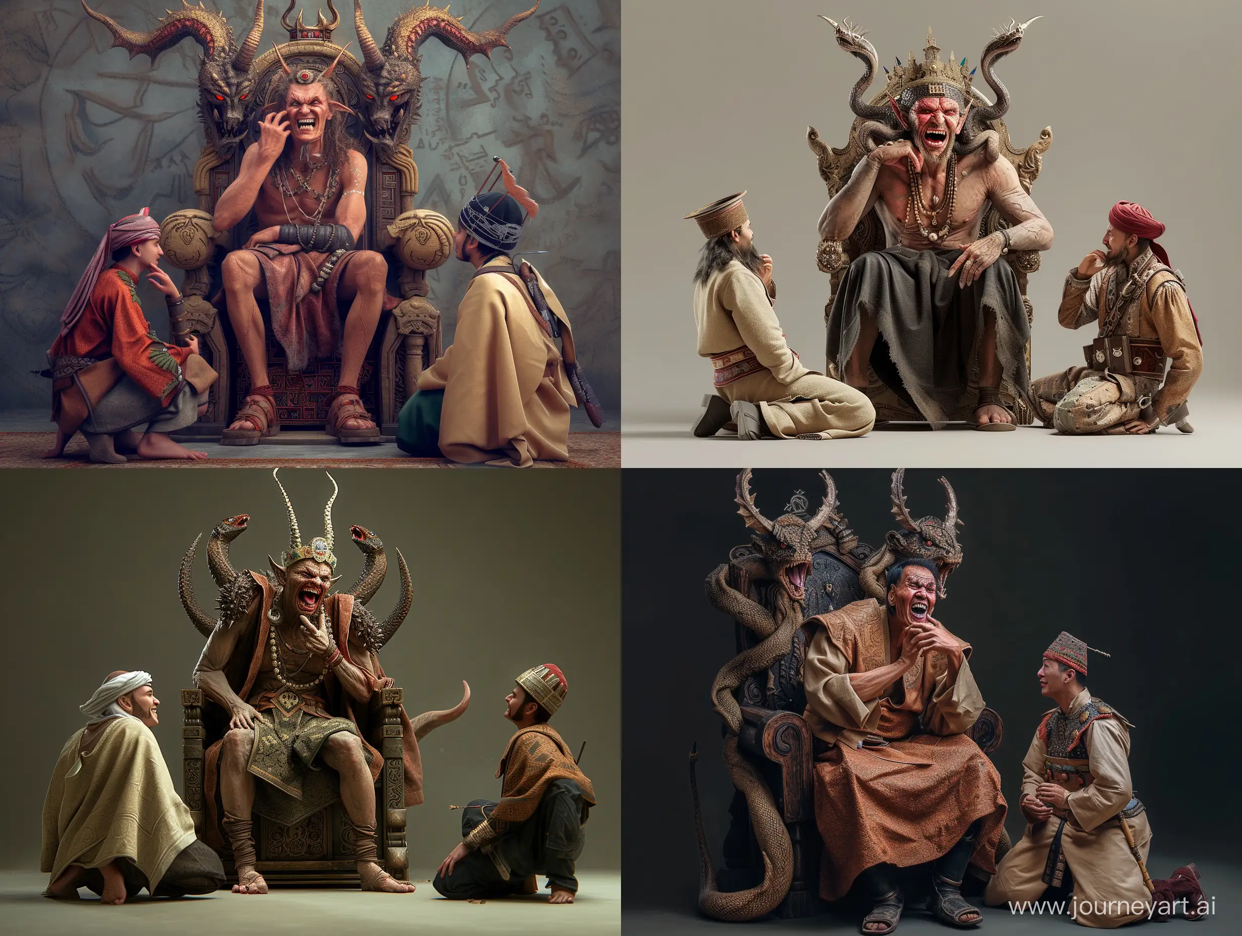An ancient demonic king with a serpent's head protruding from each shoulder sits on a king's throne with a two-horned crown and a hand under his chin, laughing menacingly, talking to two soldiers kneeling in front of his seat.  One of his soldiers kneeling on the right side is wearing Arabic clothes and the other soldier is wearing Mongolian clothes. Make a realistic photo