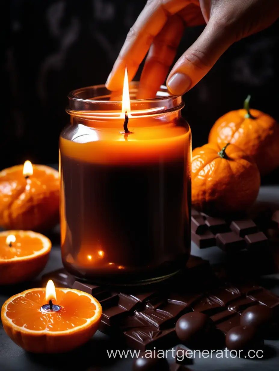  рука держит свечу в банке на фоне мандаринов и жидкого шоколада