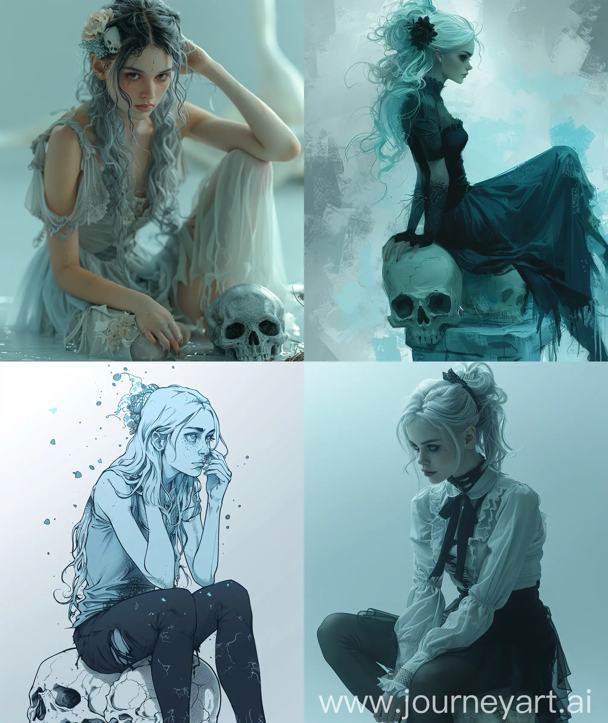 Anime style, illustration, one woman, no time for talk , scary but elegant, surreal style, elegant and beautiful, gliter on her hair, villainess, light grey and blue mix background gradient, sit on skull ,art by Sam Weber, severian , --ar 27:32 --s 400