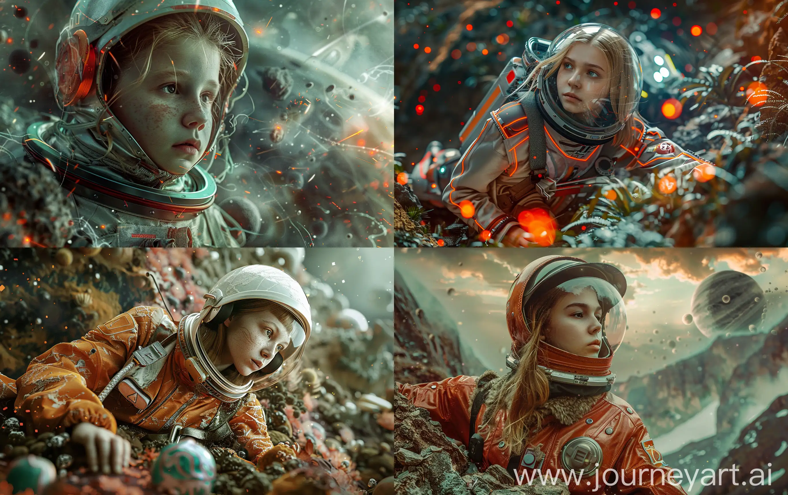 a young fair hair slavic female in soviet spacesuit exploring an alien metan-based planet, other life forms, different landscape, atmospheric effects, sci-fi, super realistic, cinematic, Nikon 35mm --ar 16:10