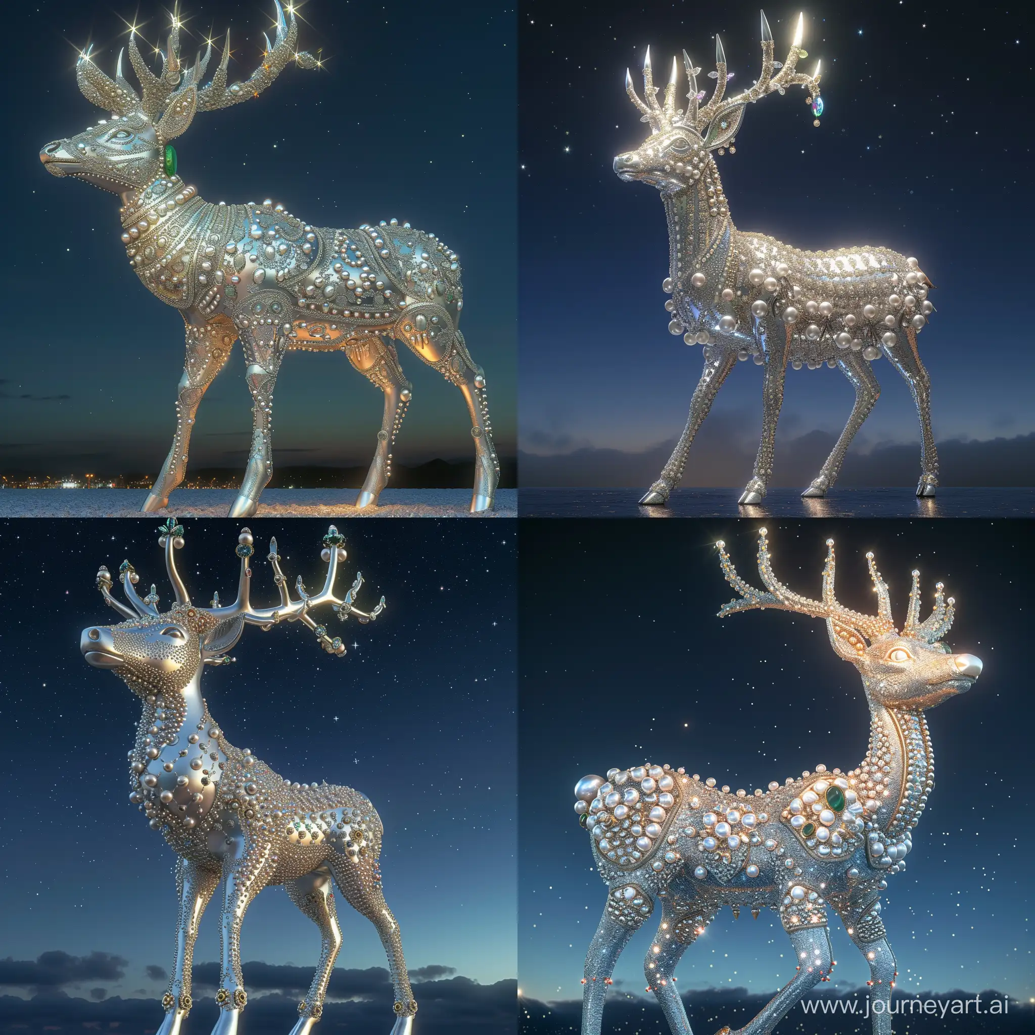 A silver deer statue decorated with pearls, jade and diamonds!!!!!!!!  Against the background of the night sky, you can see his horns, his four legs, and the front light.professional 3d model {prompt} . octane render, highly detailed, volumetric, dramatic lighting