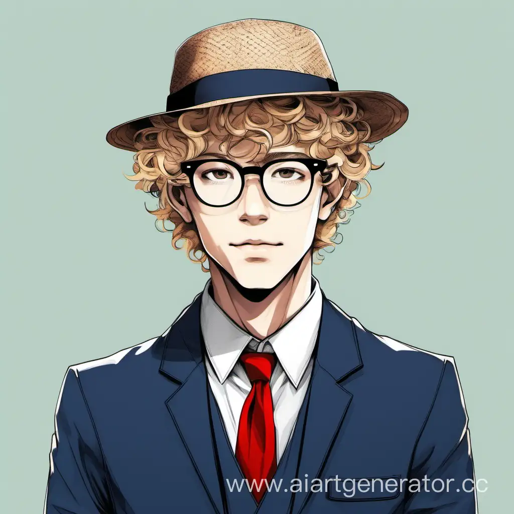 MAN 16-25 years old. WEAR IN: Dark blue trousers. Blue jacket. White shirt. Red tie. Fair skin. Curly hair just above the shoulders, blond blond hair. Square-shaped glasses. Black boater hat