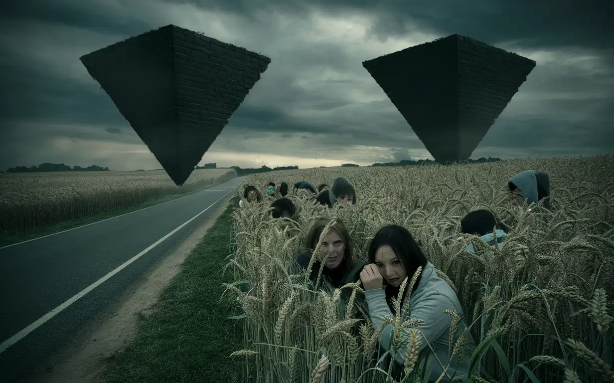 поле пшеницы. пасмурно. дорога. летят две перевернутые черные пирамиды над дорогой. в пшенице прячутся люди от пирамид. они испуганы
