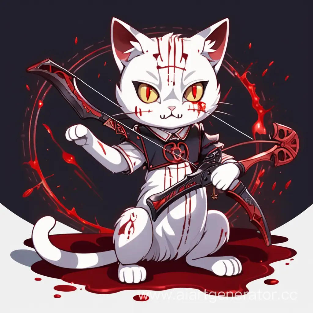 кот, с красными глазами, с арбалетом, совершает ритуал с магией крови, стиль аниме