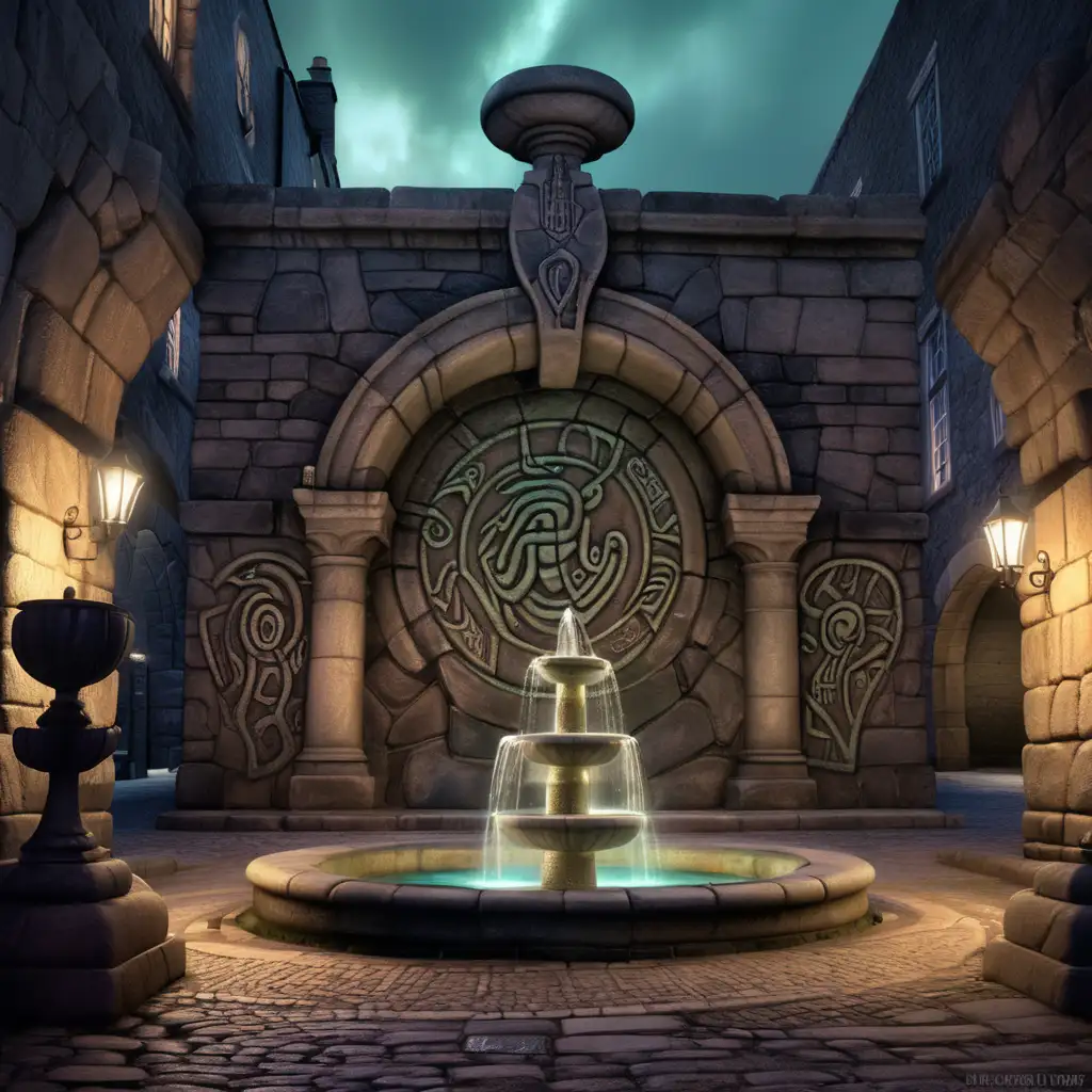 an urban labyrinth marked by weathered stone structures adorned with gorgon graffiti. Streets bear serpent-scale patterns, and dark alleys are shrouded in an eerie glow. The heart of Stonehaven features a gathering space with a petrified fountain, symbolizing the guild's dominance. The atmosphere is charged with an urban mystique, blending gorgon symbols with street art, creating an enigmatic realm where the Gorgon Gaze Guild asserts its mythical authority.