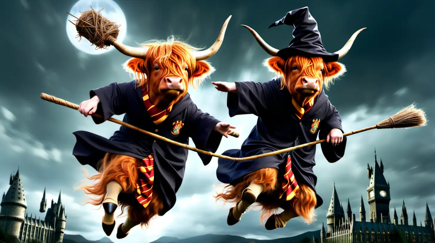 An highland cow dressed up as harry potter, flying on a broom stick around hogwarts