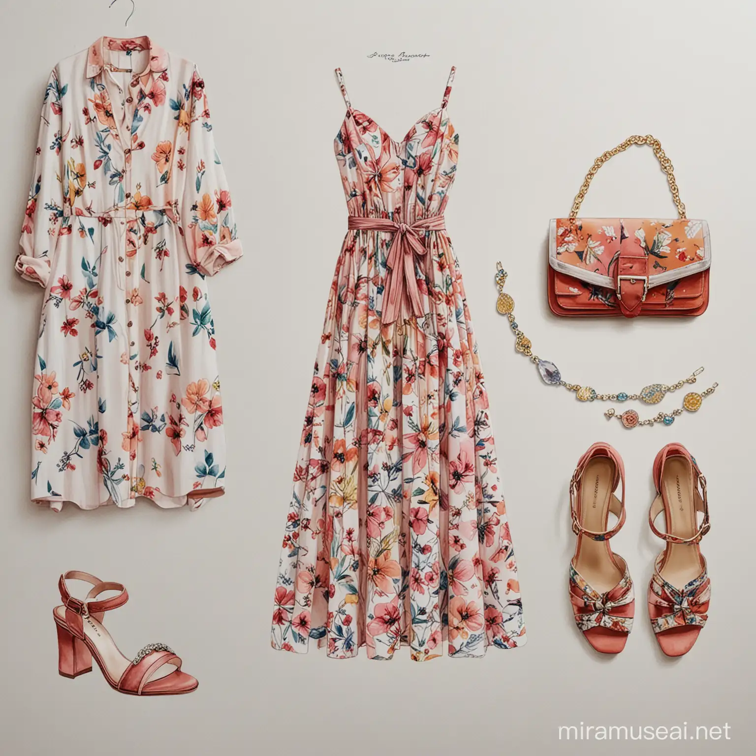 create a style board  fashion illustration with water color drawing a  different look for women  Contrast Colors floral print midaxi dress with different jewellery, sandals, purse