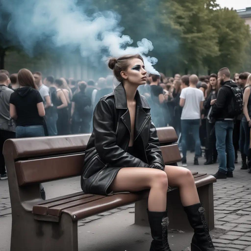 A beautiful girl of 25 years old, ukranian looking, into fetish, dressed in leather, sitting in a bench in berghain while people around are making out, ambient is berghain in the year 2069, there is smoke in the air, dystopian future, not cheesy, artistic photo, something gore to it, in berlin is it happening, dresscode is totally new to what we know