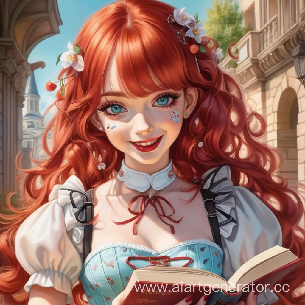 Enchanting-RedHaired-Girl-with-Microchipthemed-Book-and-Cherry-Lips