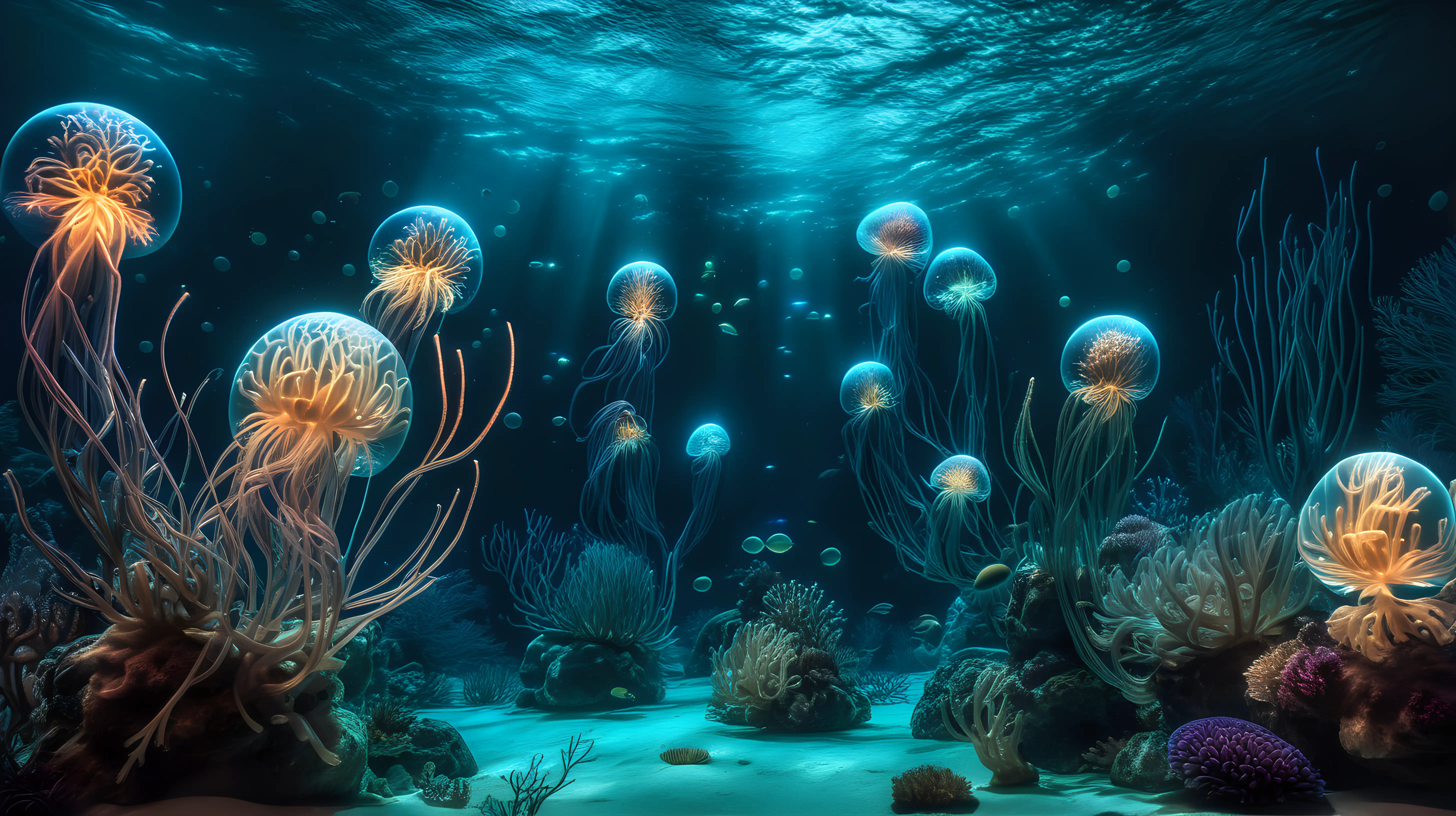 Underwater Luminescence: Create an image that simulates the beauty of bioluminescence underwater, with the luminous spheres resembling underwater organisms in a dark oceanic environment.