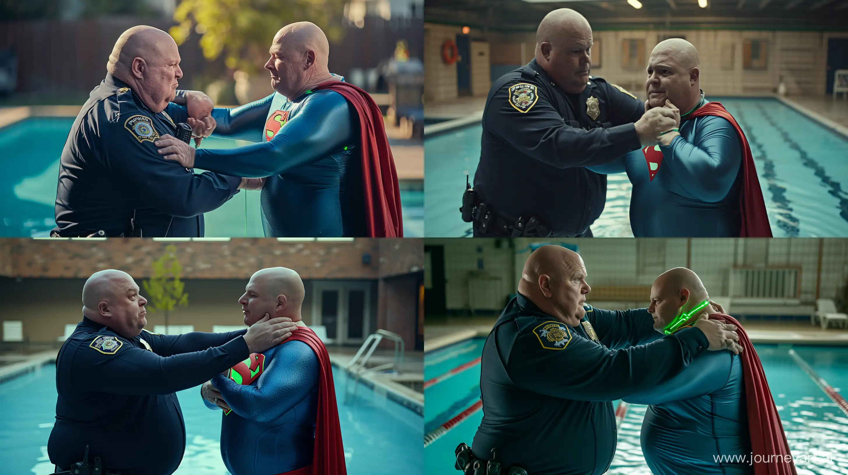 A closeup photo of a serious chubby man aged 60 wearing a long-sleeved navy police uniform pinning another chubby man aged 60 wearing a tight blue silky superman costume with a large red cape and a green glowing small short dog collar. Swimming Pool. Natural Light. Bald. Clean Shaven. --style raw --ar 16:9 --v 6