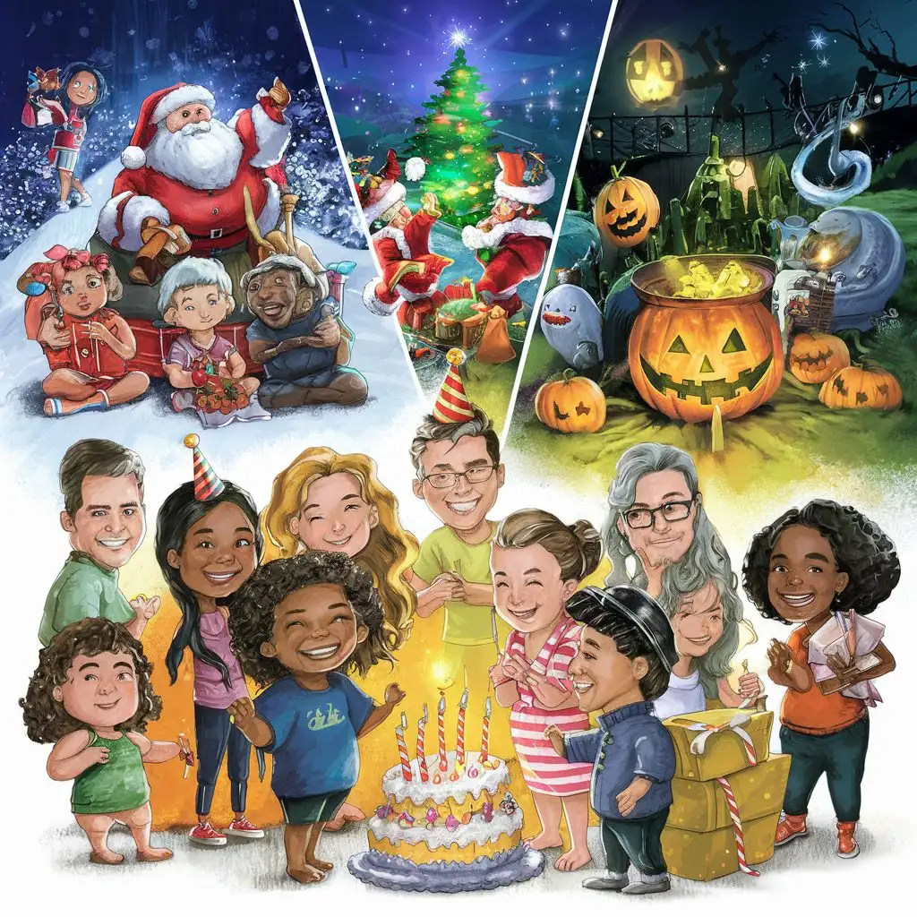 Festive illustrations for birthdays, Christmas, Halloween, or other holidays.