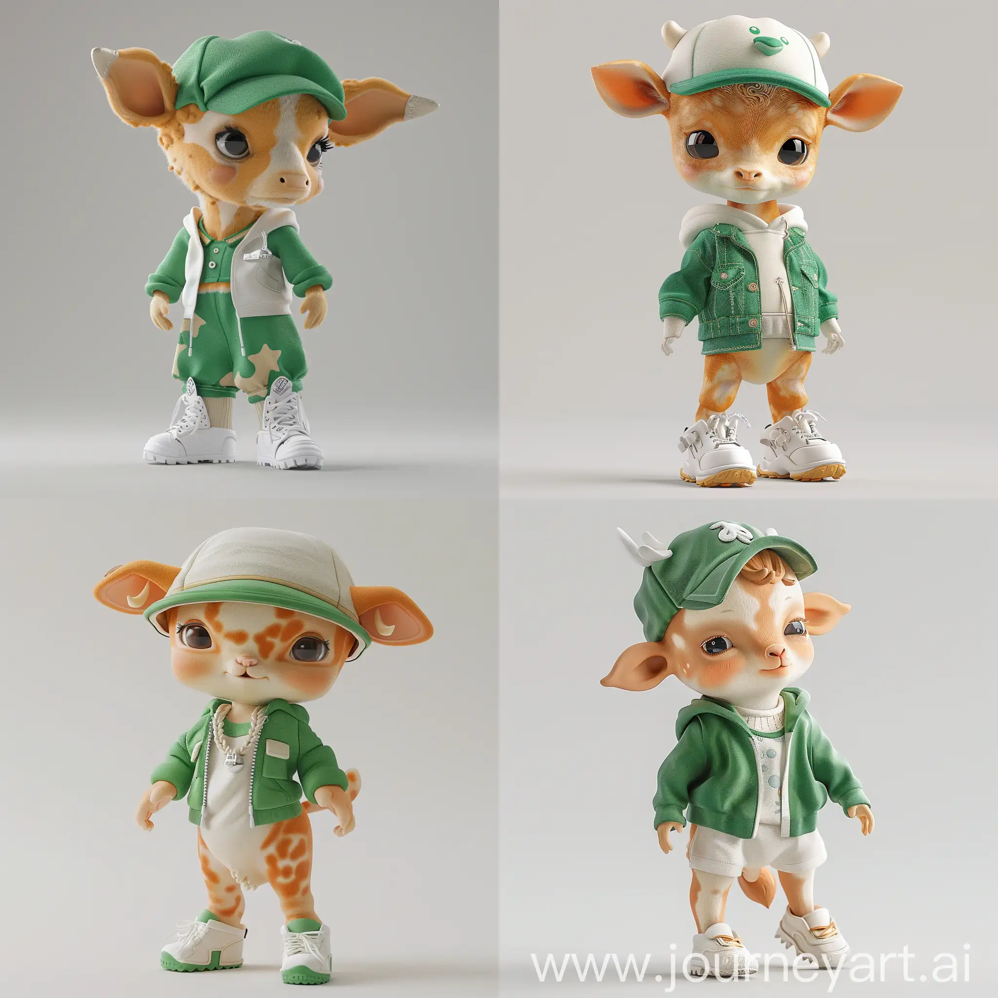 Super cute calf, Upright view, Side view, Rear view, Hat, Green and white clothes, Small white shoes, Standing posture, A clean background, Bubble Mart super cute IP, Blind box toy, Delicate Sekizawa, OC rendering, The best quality, 3D rendering