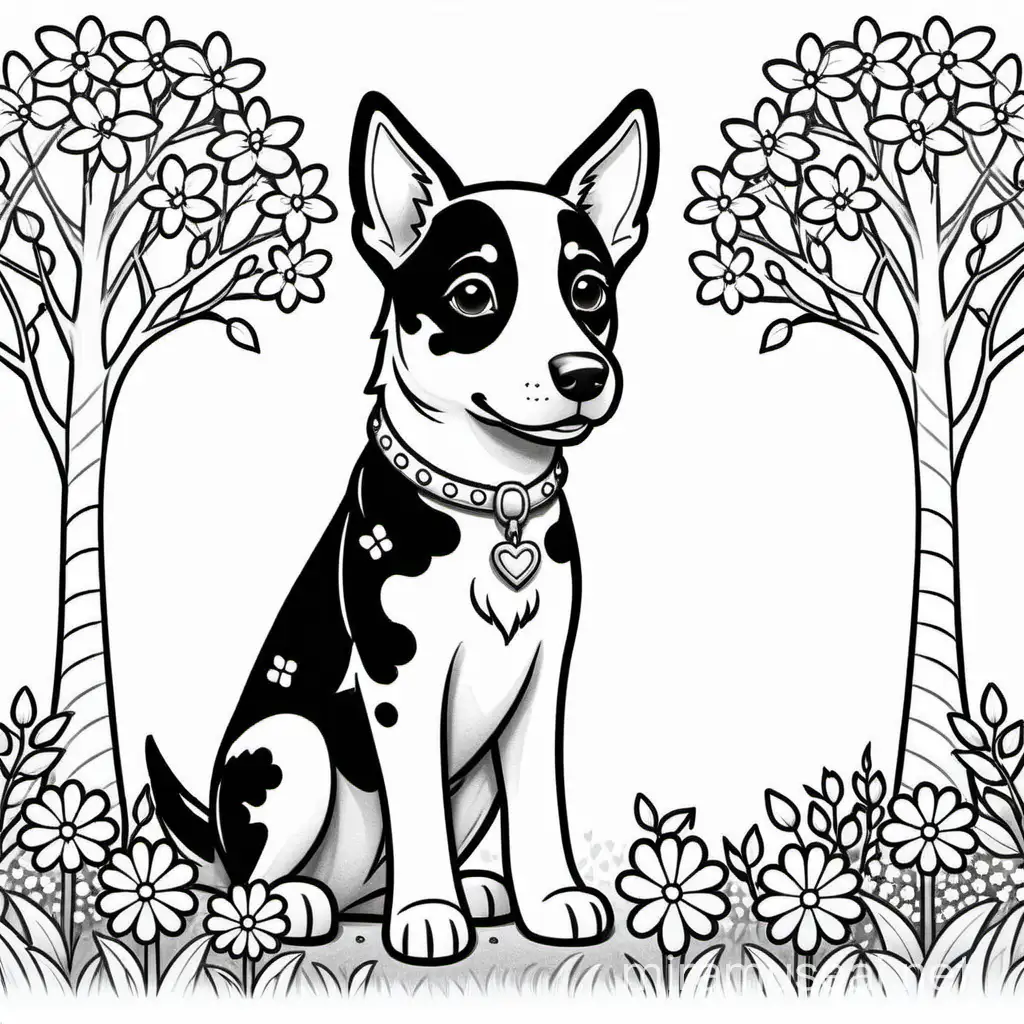 coloring page, cartoon cattle dog with flowers and a tree, black and white, white background, no shading, simple design, digital art