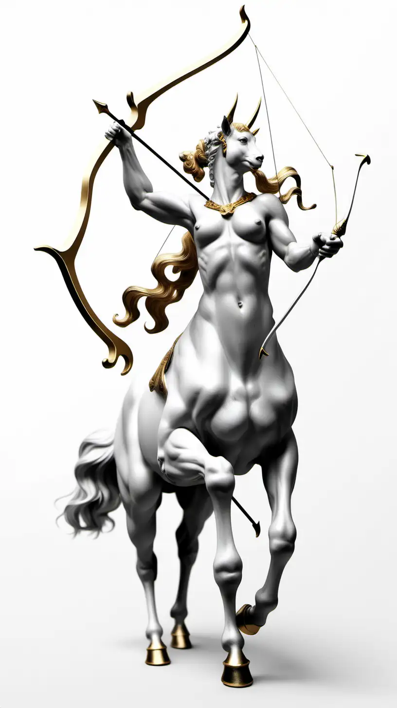 featuring a realistic [Sagittarius zodiac] [a hyper realistic beautiful sentor] [bow]
[black and white and gold]
white empty background
