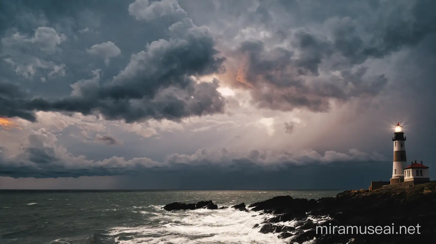 lighthouse stands on rocky shore at sunset with stormy clouds, cinematic, realitic