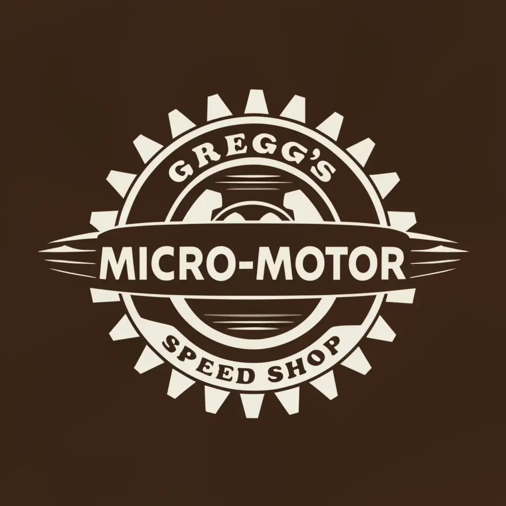 a logo design,with the text "Gregg's Micro-Motor Speed Shop", main symbol:gear,complex,clear background