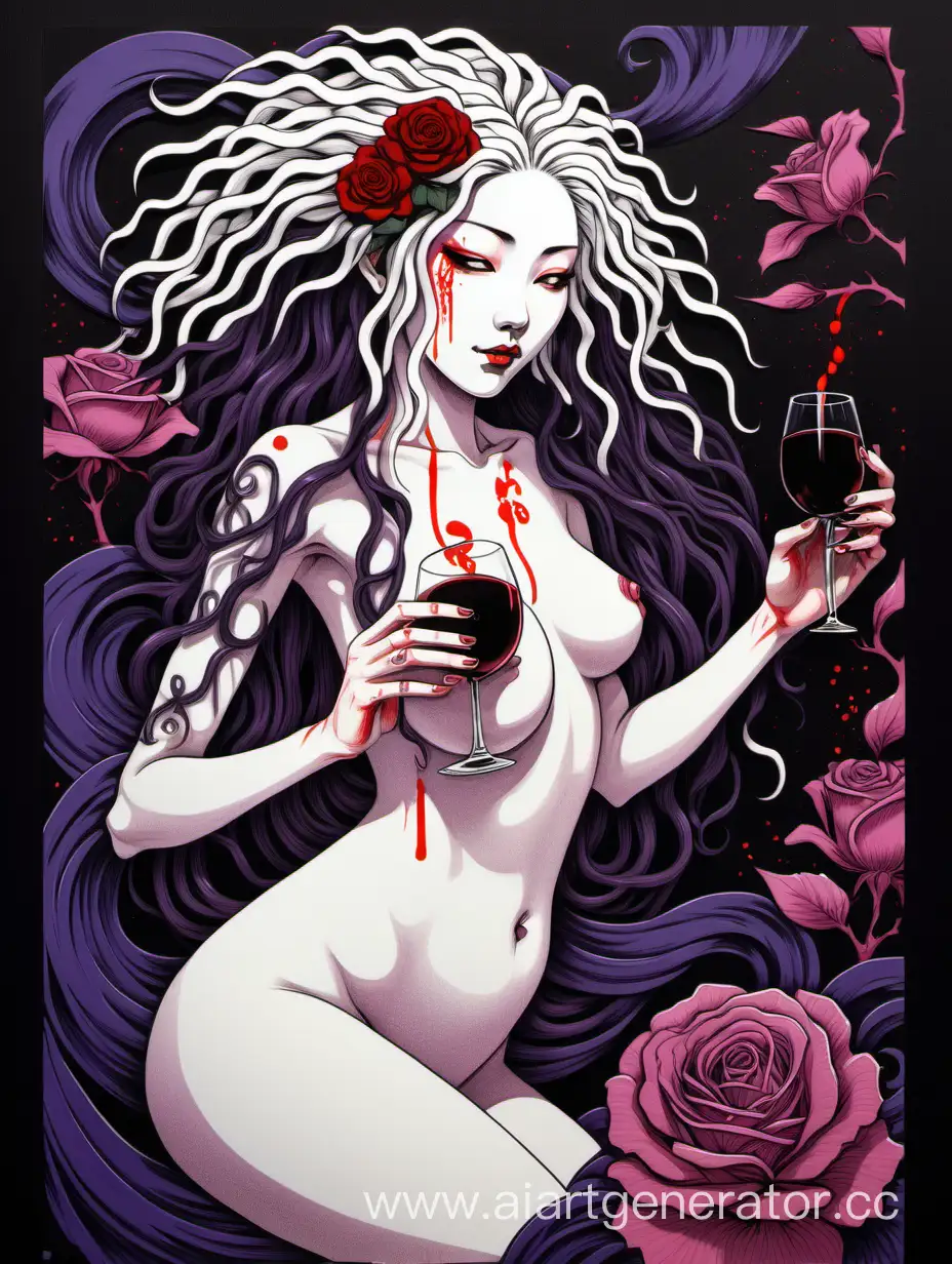 White naked lady with white dreads is painting a picture of a man with black flowing paper and red ink, she likes red wine and has a small red flower on her neck, purple and light purple roses, in a traditional fashion painting, style of Hokusai, Black paper with Intricate and vibrant Pink line work, Trending on Artstation, Black and Bright Edged Cross texture, Whinter