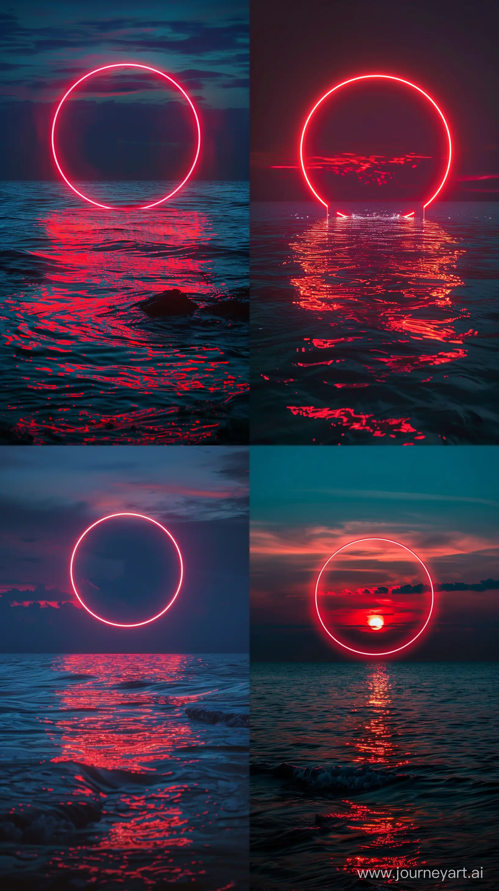 Professional Photography From Sea, Neon Red Circle in Sea, Night, Realistic Light Reflections, Dar Theme, Fix Frame, High Quality --v 6.0 --ar 9:16