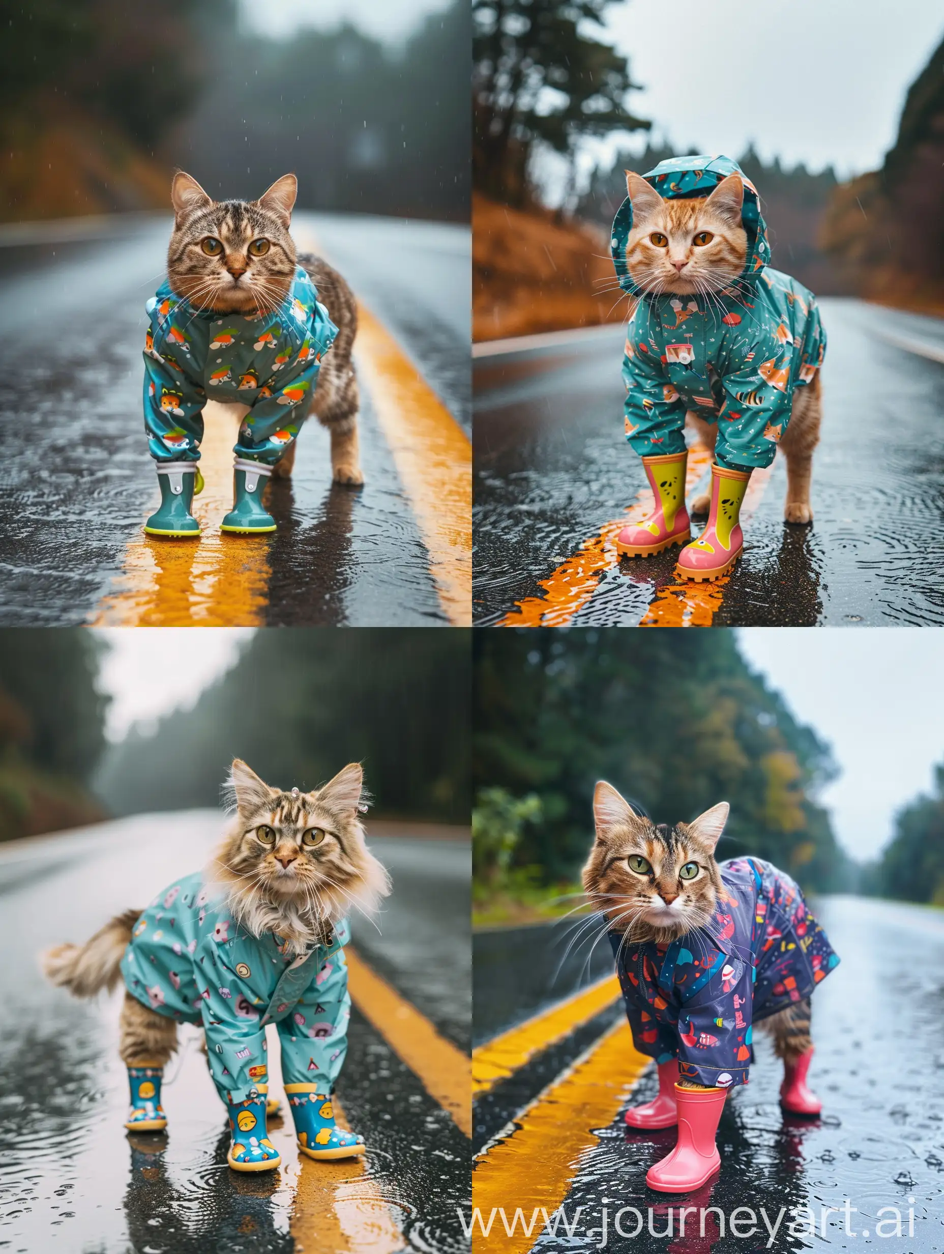 下雨天，一只真实的猫咪穿着可爱的雨衣和雨靴站立在路上