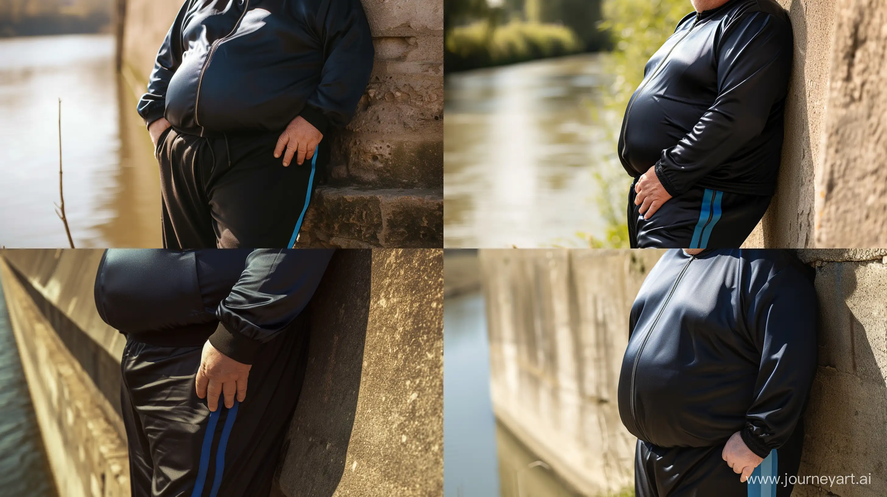 Close-up front view photo centered on the chest of a fat man aged 60 wearing a navy silk black tracksuit with a blue stripe on the pants leaning against a wall. Natural Light. River. --style raw --ar 16:9