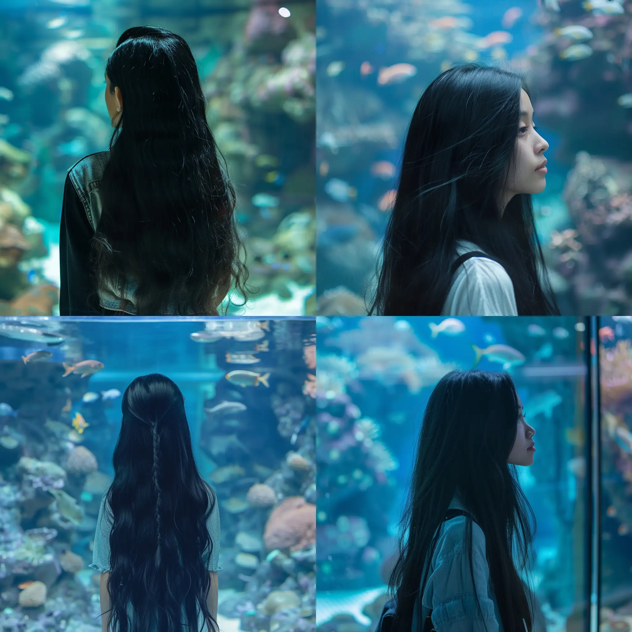 Girl with long black hair at an aquarium